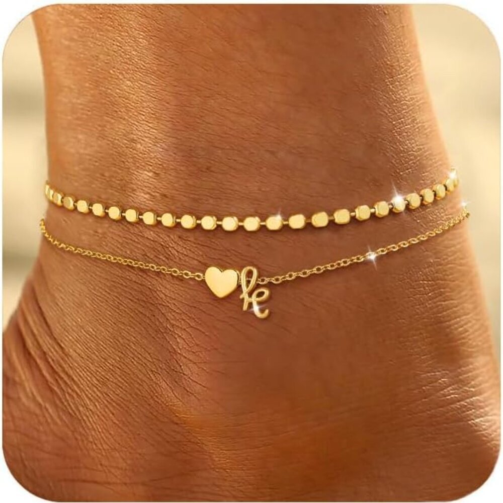 Initial Ankle Bracelets for Women Waterproof 14K Gold Plated Layered Anklets for
